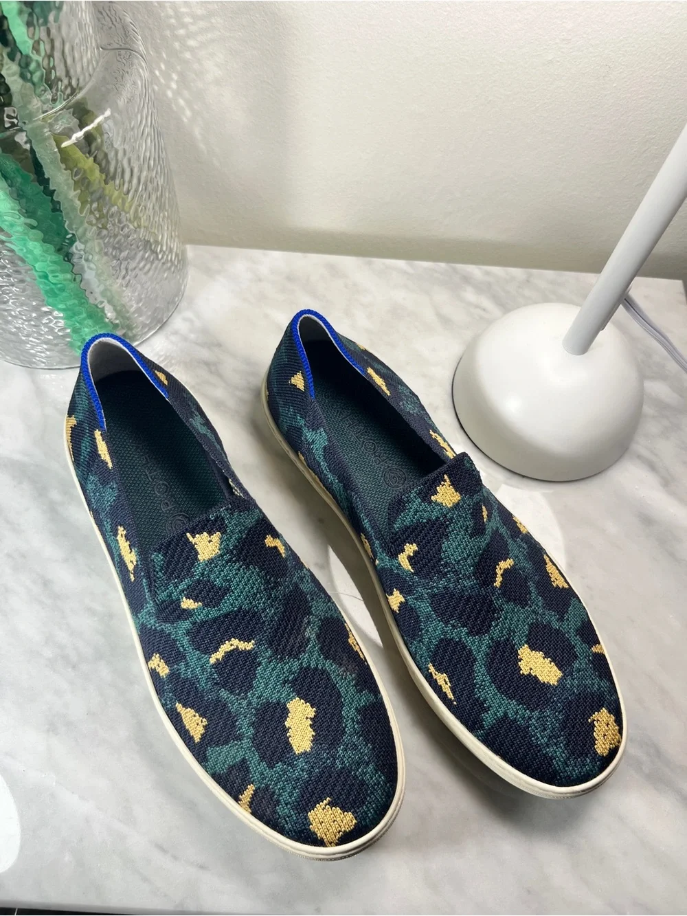 Rothy’s Original Slip On Sneaker Navy Teal Yellow Leopard Knit Shoes Size 11
